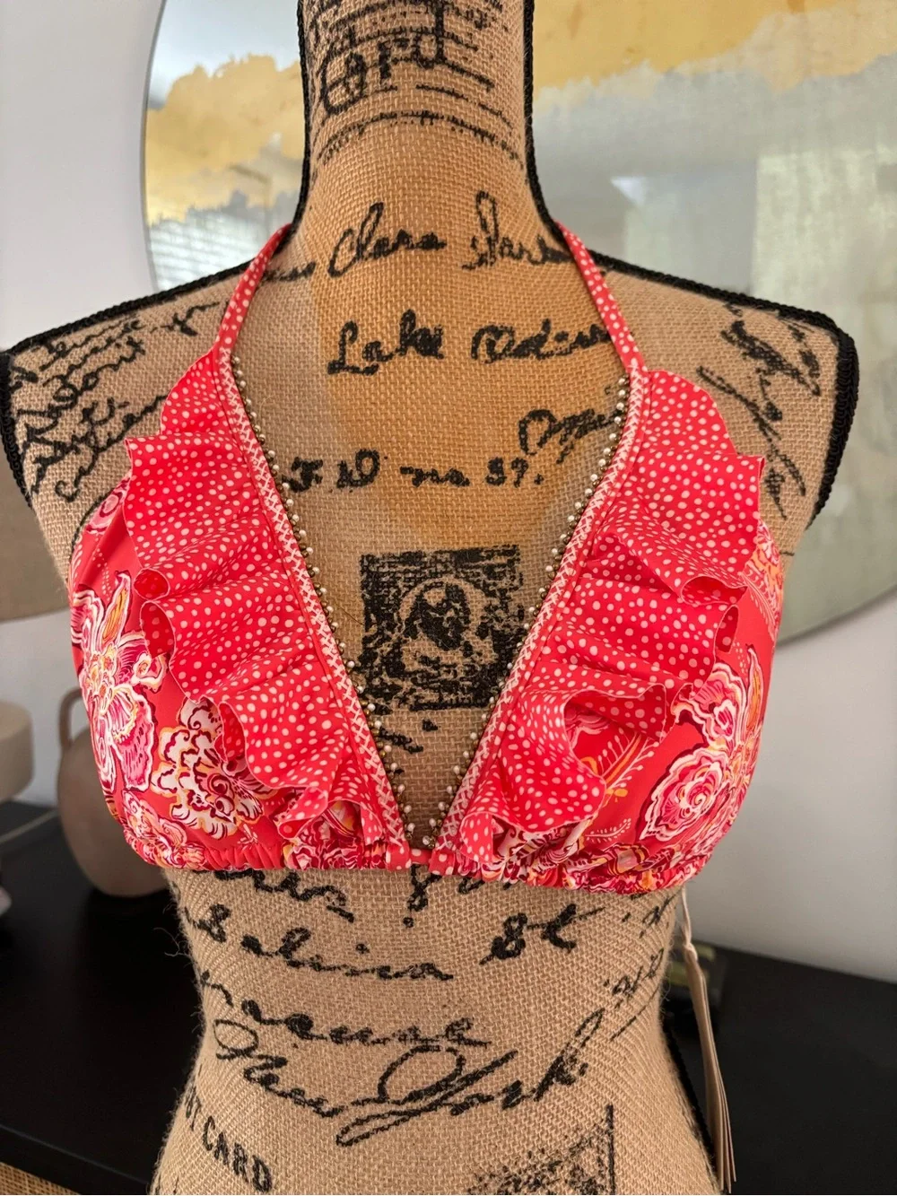 Orange Floral Ruffle Bikini Swim Top With Bead & Tassel detailing
